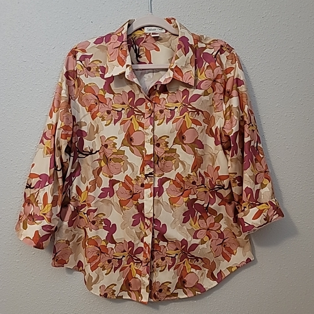 Coldwater Creek Pink Floral Blouse 3/4 Button Cuff Sleeves